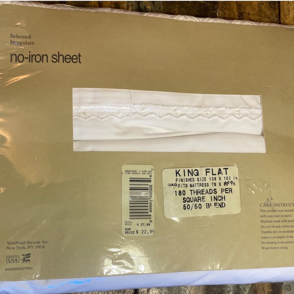 WestPoint Stevens King Flat Sheet White No-Iron 180 TC Cotton Blend Embroidered
